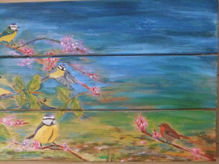 Pimpelmeesjes,roodborstje, acryl op planken. 2016,Verkocht